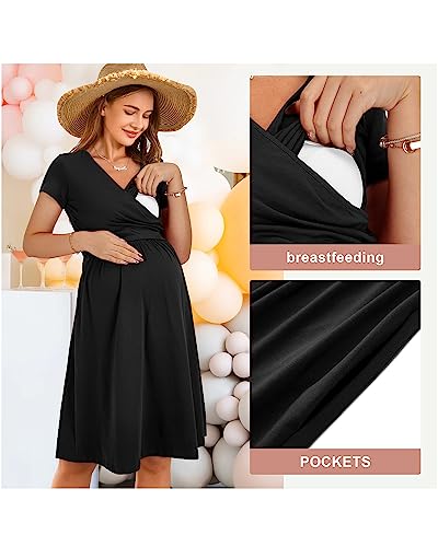Image of OUGES Maternity Nursing Dress Breastfeeding Short Sleeve V Neck Casual Pregnancy Clothes with Pockets