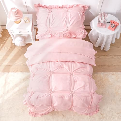 Image of Princess Toddler Bedding Set for Girls, 4 Piece Ruffles Jacquard Embroidery Toddler Bed Sheets with Boho Toddler Comforter, Fitted Sheet, Flat Sheet and Pillowcase, Pink