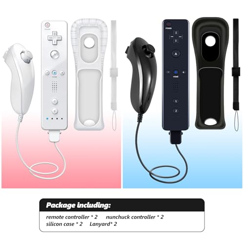Image of HZIME Replacement Remote Controller Compatible for Wii & Wii U, Built-in 2 in 1 Motion Plus with Silicon Case and Nunchuck (2 Pack White & Black)