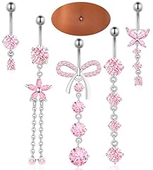 Silver Pink Dangle Belly Button Rings