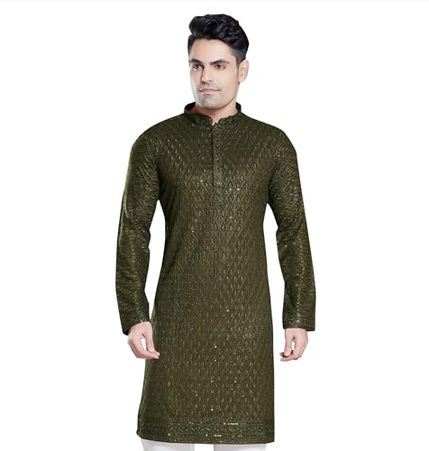 DIVISIVE Men's Sequince Embroidered Cotton Blend Only Slim Fit Kurta (DKRT118_S_Mehendi)