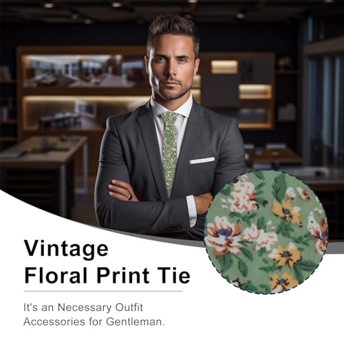 Image of Luckyvestir Ties for Men, Sage Green Cotton Floral Tie 2.76 inch Flower Printed Men's Neckties for Wedding /Groomsmen /Suit /Party