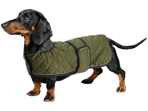 Geyecete - Warmer wintermantel für dackel Hunde,Hunde Winterjacken mit plüschfutter,Outdoor jacken mit verstellbaren gürtel und Kabelbaumloch,für mittelgroße und Kleiner dackel-Armee Grün-M