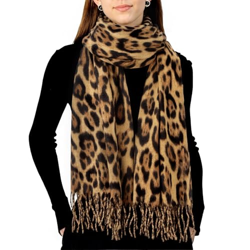 Kotashion Femme Écharpe Chaude à Imprimé Léopard Animal Motif Châle Élégant de Soirée Avec Pompons Foulard D'hiver en Cachemire Cadeau pour Femme