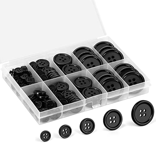 110PCS Premium Black Buttons with Compartment Box, EZJIAYOU 5 Perfect Sizes Mixed Sewing Buttons, 4 Big Holes Round Craft Button, for Sewing, DIY and Decoration