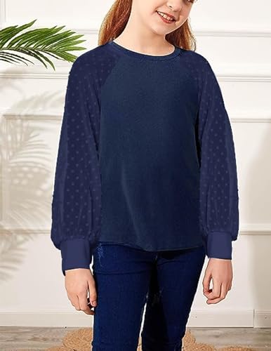 Image of Yekaty Girls Shirts Casual Solid Color Crewneck Blouses Soft Long Sleeve Swiss Dots Chiffon Tops