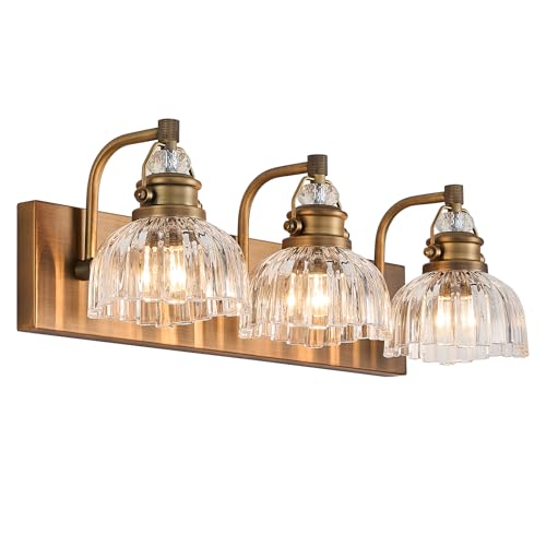 JSDKIUT Vintage Brass Vanity Light Fixtures Bathroom Lighting Fixture Over Mirror 23.83 inches Modern Vanity Light Fixture, 3-Light Bathroom Mirror Lighting (Rust-Proof, Easy Install, Exclude Bulb)