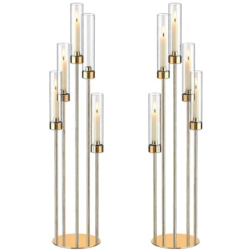 ybaymy 2er Set Kerzenständer 5 Arm für Hochzeitstisch,106cm Hohe Kerzenhalter mit Acryl Lampenschirm, Metall Gold Kerzenstöcke Halter für Party Home Dekoration Halloween Weihnachtstag