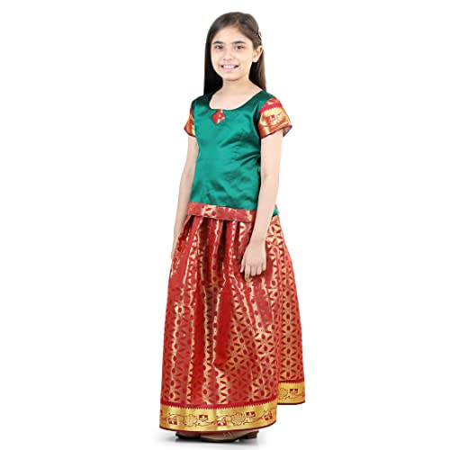 Image of BownBee Girls Silk Blend Pavda Pattu Lehenga Choli South Indian Traditional Ethnic Dress for Kids with Half Sleeves, Round neck, Back Hook Closure Dresses for Baby Girl