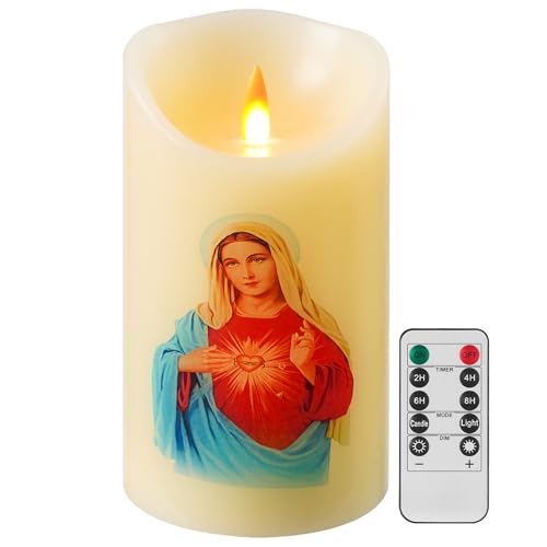 Image of QQFCTOO LED Prayer Flameless Candle with Remote Timer, Battery Powered Candle, Religious Candle, Real Wax, for Home Altar, Church, Devotional,6 inch x 3.2 inch(Virgin Mary)