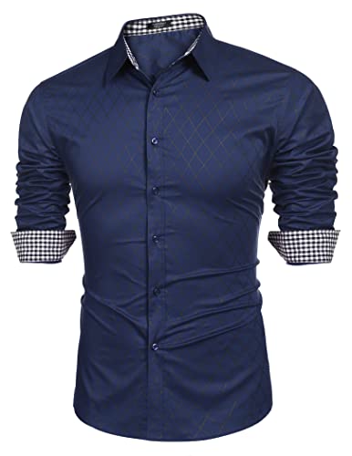 COOFANDY Herren Hemd Langarm Freizeithemd mit Karierter Kragen Slim fit Modern Männer Business Hemd Blau M