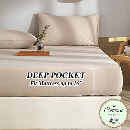 Beige Bed Sheets Queen Size Sheets Set 100% Washed Cotton Bedding Sheets- 4 Piece Cooling Sheets 16” Deep Pocket Fitted Sheets Extra Soft Beige Tan Sheets, Fade, Stain, Shrink Resistant #TOP2