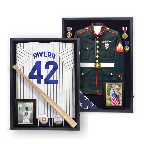 Flybold Shadow Box Frame for Military Uniform, Wedding Dress, or Jersey - Display Case with 92% Clear View, UV Protection, Velvet Lining, and Anti-Theft Locks - 36x27in Black Jersey Frame Display Case