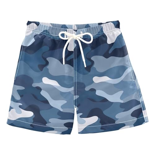 FLildon Blue White Camouflage Little Boys Swim Trunks with Mesh Lining Quick Dry Beach Board Shorts, 3T