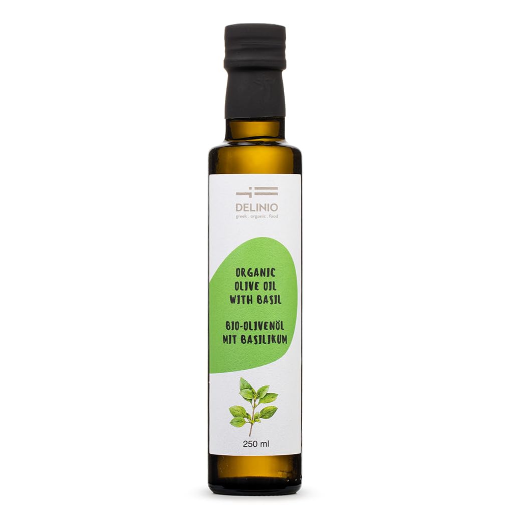 DELINIO Bio-Olivenöl Set 4 Sorten – Aromatisiertes Olivenöl Nativ Extra (Zitrone, Orange, Basilikum, Oregano) – 4x250 ml aus Griechenland, kalt extrahiert – zum Verfeinern & als Geschenk