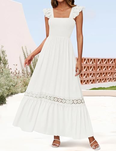 ZESICA Women's 2025 Summer Lace Strap Sleeveless Square Neck Smocked High Waist Ruffle Hollow Out Flowy A Line Maxi Dress3