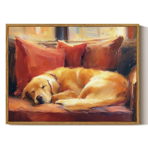 Image of ARPEOTCY Vintage Framed Canvas Wall Art, 12x16inch, Farmhouse Sleeping Dog Wall Decor, Animal Art Prints Home Decorations, Labrador Paintings for Living Room Bedroom Office Decor