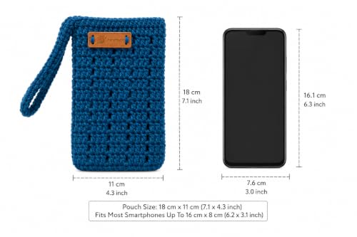 Image of Handmade Crochet Mobile Pouch for Women & Girls | Knitted Phone Holder with Wrist Strap | Cute Floral Aesthetic Mobile Cover Case | Soft Yarn Handmade Gift (Peacock Blue)
