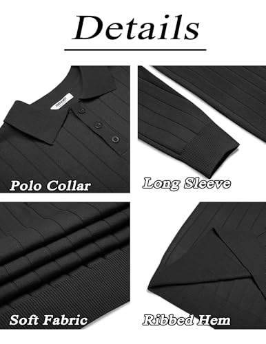 COOFANDY Mens Long Sleeve Polo Shirts Collared Knit Dress Sweater Lightweight Casual Henley Shirt Black - Image 5