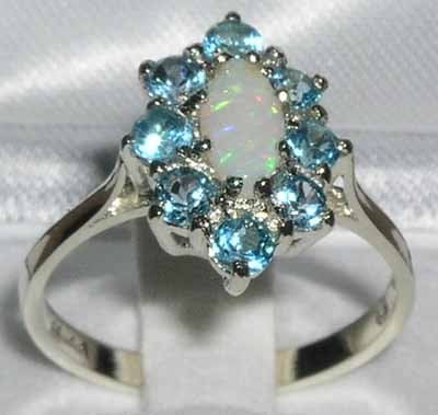 925 Sterling Silver Natural Opal & Blue Topaz Womens Statement Ring - Size 10 #TOP2