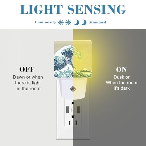 Image of Plug in Night Lights Japanese Great Wave Nightlight Plug Into Wall Dusk to Dawn Sensor LED Night Light for Kid Girls Boys Women Men Room Decor, Hallway, Kitchen, Bathroom, Nursery, Stairs