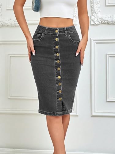 Women's Denim Pencil Skirt - Button Accented Elastic Waist with Functional Pockets, Casual Slim Fit