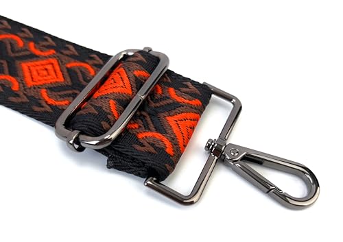 Image of Black Orange Boho Diamond Purse Strap with Gunmetal Black Hardware 2 Inch Wide Replacement Crossbody Guitar Style Shoulder Strap for Handbags Totes