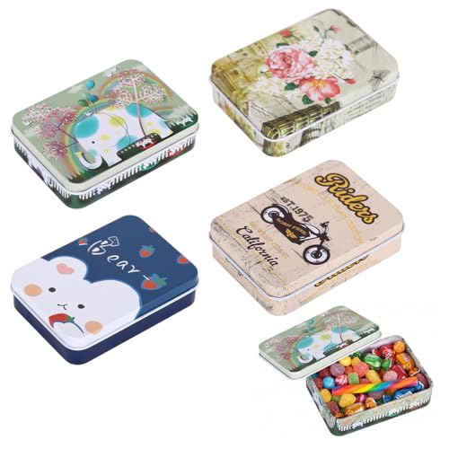 Image of HASTHIP 4Pcs Vintage Metal Tin Boxes Gifting Box, Retro Cartoon Print Lid, Multipurpose Portable Small Organizer Boxes for DIY Crafting Supplies, Hair Accessories, Gifting, 6.5x9x2.4cm