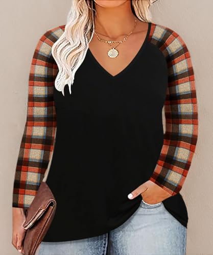 Image of TIYOMI Plus Size Tops for Women Raglan Long Sleeve V Neck T Shirts Casual Color Block Leopard /Floral Tops Winter Tee Shirt
