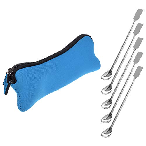 BCP 5pcs 2 in 1 Stainless Steel Lab Spoon Spatula with Neoprene Storage Bag