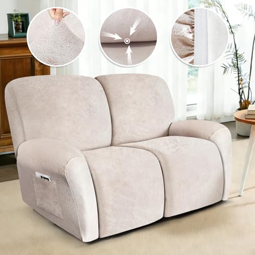 Image of ANARACHON Loveseat Recliner Cover Leather Look Recliner Loveseat Covers Recliner Sofa Cover for 2 Seater Reclining Couch Spandex Fabric Washable 6 Pieces (2 Seater, 02 Beige)