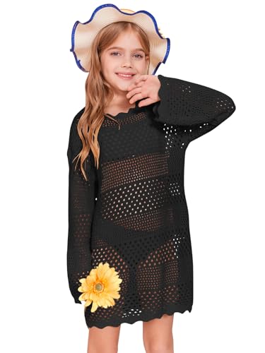 Image of Batermoon Girls Crochet Long Sleeve Swimsuit Cover Up Kids Fashion Hollow Out Swimwear Beach Dress 5-14 Years
