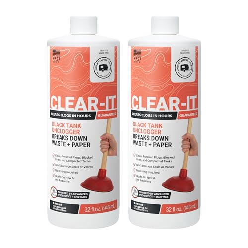 Unique Clear-It RV Black Tank Unclogger Liquid - Breaks Through Pyramid Plugs Compacted Tanks and Clogged Pipes 32 oz Value Pack (2-Pack)