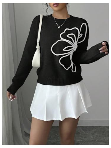 Image of RoseSeek Women's 3D Floral Appliques Crewneck Sweaters Long Sleeve Drop Shoulder Pullovers Elegant Knit Tops