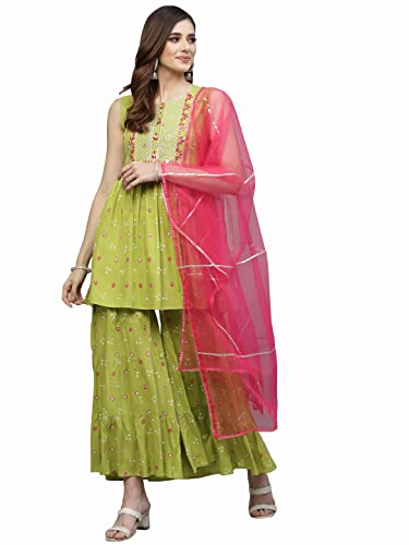 Stylum Women Rayon Printed & Embroidered Kurta Sharara With Dupat...