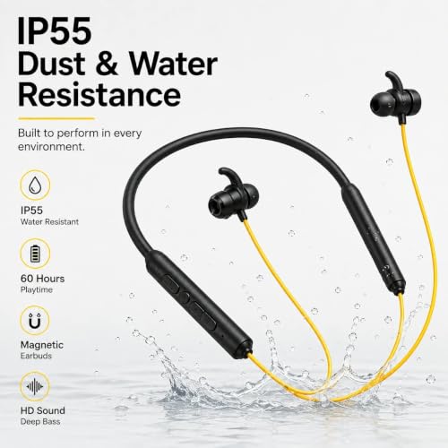 Image of Casora Wireless Neckband Bluetooth Headphones with Built-in Mic, 60H Playtime, IPX5 Water & Sweat Resistant, Bluetooth 5.3, Magnetic Earbuds, Lightweight Neckband Earphones for Sports & Workouts