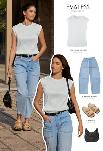 EVALESS Womens Short Sleeve Textured Tops Crewneck Knit Solid Loose Casual Basic T Shirts Tee Blouses