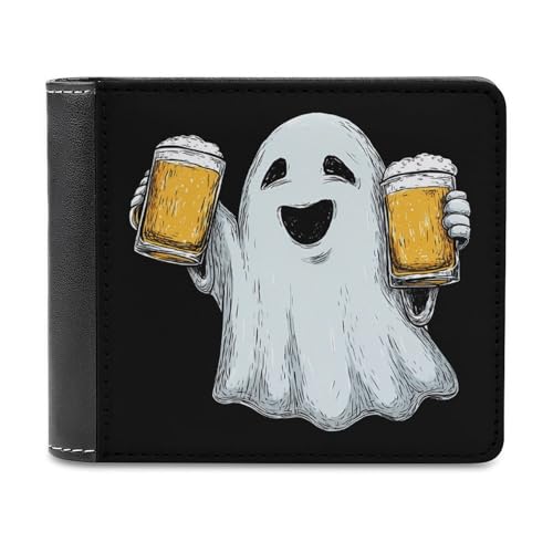 Cute Ghost Holding Beer Bi-fold Wallet for Men Women Print PU Leather Slim Cash Card Holder