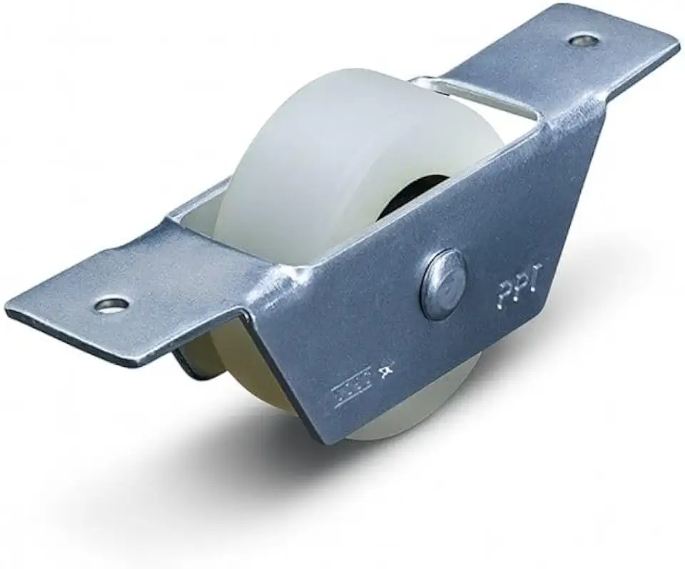 Roldana em Nylon 2" Lisa com Suporte Aberto, Rolamento Interno, Acabamento Zincado Branco, para Portões de Correr, Chapa de Aço 1020