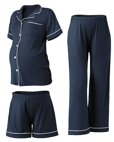Rnxrbb 3 PCS Women Maternity Pajamas Set Nursing Postpartum Breastfeeding Pjs Navy Blue L