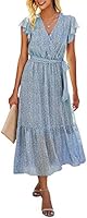 BTFBM Women Summer Bohemian Floral Casual Wrap V Neck Ruffle Cap Sleeveless Belt A-Line Pleated Hem Swing Midi Sun Dress