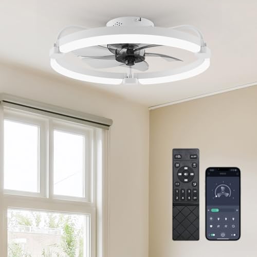 Ensenior Ventilador de Techo con Luz Silencioso, 50cm Lámpara Ventilador Techo con Aspas Desmontables, Motor DC, Plafón LED Regulable con Memoria y APP, 6 Velocidades para Dormitorio y Salón - Blanco