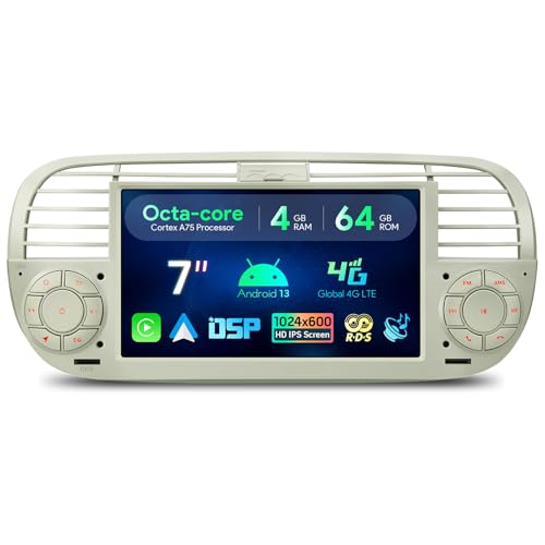 XTRONS 7 Inch Android 13 Car Stereo Radio Player 4+64GB, Built-in 4G Wireless GPS Navigation Car Play DSP RDS Radio Bluetooth WIFI, Support AHD CAM TPMS DVR DAB+for Fiat 500 (2007-2015) Cream