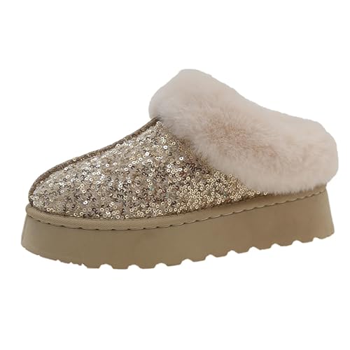 Women's Platform Glitter Sequin Flat Slippers Fuzzy Fluffy Lined Slippers Warm Winter Snow Boots Indoor Outdoor