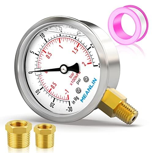 MEANLIN MEASURE -30inHG~30Psi Stainless Steel 1/4' NPT 2.5' FACE DIAL Vacuum Pressure Gauge, Lower Mount, with...