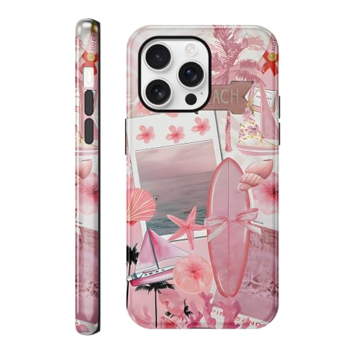 Coque iPhone 16 Pro Max rose d'été look collage plage et surf pour vos vacances
