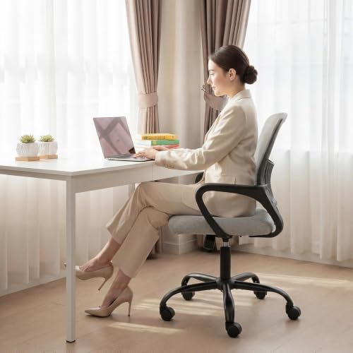 Image of DUMOS Home Office Chair, Ergonomic Lumbar Support Desk Chair | Mid Back Mesh, Height Adjustable Fixed Armrest, Rocking Mode 360 Swivel, Conference Computer, Grey