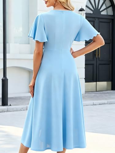 Image of QMZ Wedding Guest Dresses for Women V Neck Cocktail Dress Ruffle Sleeve A Line Evening Party Formal Dresses for Women
