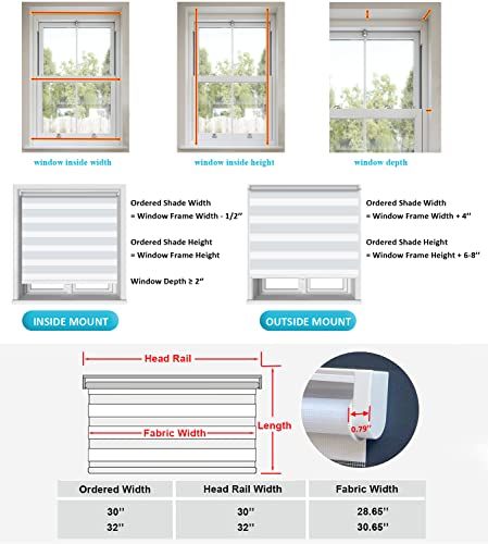 Cordless Dual Layer Fabric Zebra Roller Shades,Custom Light Filtering Zebra Blinds,Sheer Or Privacy,Room Darkening Horizontal Window Treatment [White, Size 31 ½"W X 40" H] Easy To Install Custom Size #TOP6