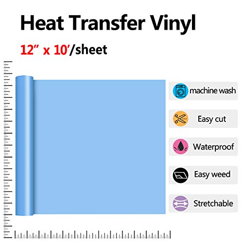 Image of RENLITONG Sky Blue HTV Iron on Vinyl 12Inch by 10ft Roll Heat Transfer Vinyl for T-Shirt HTV Rolls for All Cutter Machine - Easy to Cut & Weed for Heat Transfer Design